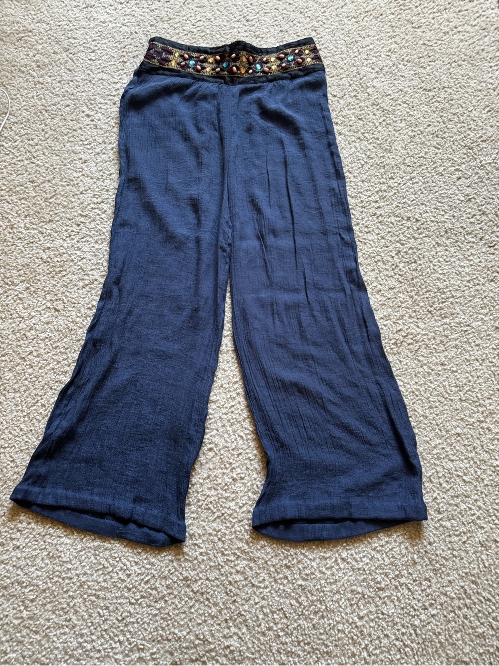 Boho Navy Wide-Leg Embellished Waist Pants